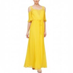 SLNY Yellow Cold-Shoulder Maxi Dress with Lace Yoke